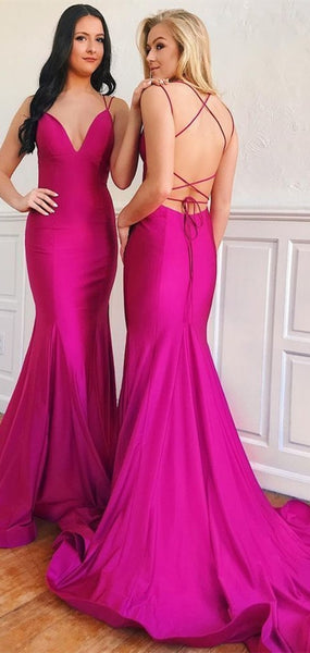 Hot Pink Elastic Satin Long Mermaid Prom Dresses, Lace Up Prom Dresses, Lovely Mermaid Prom Dresses