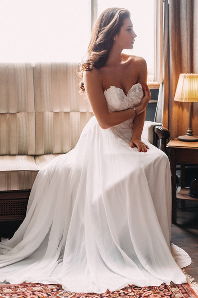 Sweetheart Long A-line Lace Chiffon Wedding Dresses, A-line Wedding Dresses, 2020 Wedding Dresses