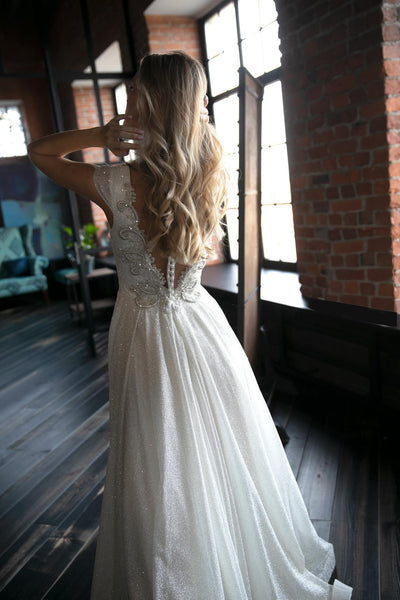 V-neck Long A-line Sequin Tulle Wedding Dresses, Sparkle Wedding Dresses, Long Wedding Dresses