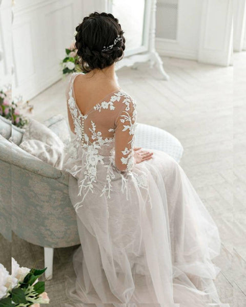 3/4 Sleeves Lace Tulle Wedding Dresses, Country Wedding Dresses,  Long Wedding Dresses