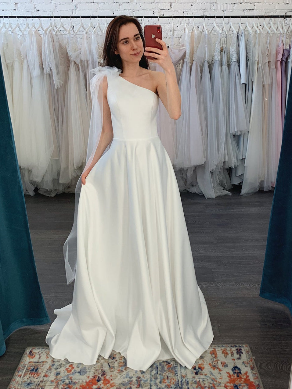 One Shoulder Ivory Satin Tulle Wedding Dresses, A-line Wedding Dresses, Newest Wedding Dresses