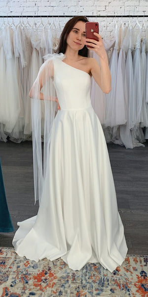 One Shoulder Ivory Satin Tulle Wedding Dresses, A-line Wedding Dresses, Newest Wedding Dresses