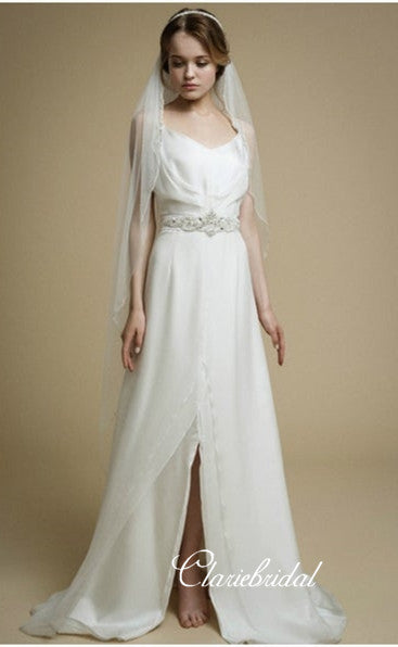 Spaghetti Long A-line Chiffon Satin Wedding Dresses, Country Wedding Dresses With Beaded Belt