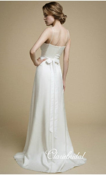 Spaghetti Long A-line Chiffon Satin Wedding Dresses, Country Wedding Dresses With Beaded Belt