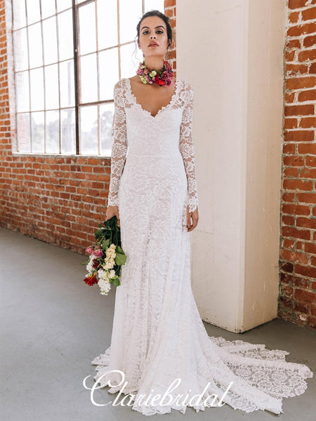 Ivory Lace Mermaid Wedding Dresses, Long Sleeves Wedding Dresses, Open Back Bridal Gown, Wedding Dresses