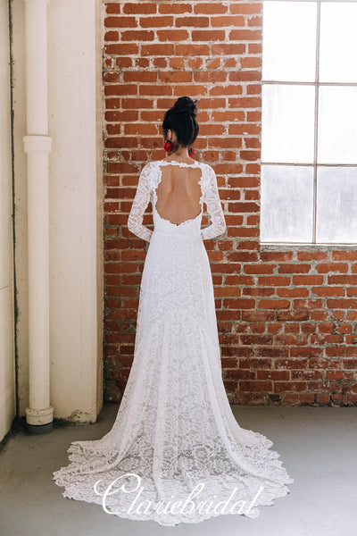 Ivory Lace Mermaid Wedding Dresses, Long Sleeves Wedding Dresses, Open Back Bridal Gown, Wedding Dresses