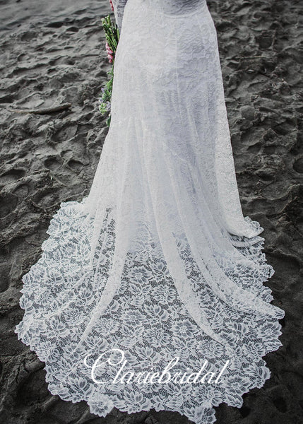 V-neck Long Sleeves Lace Wedding Dresses, Long Wedding Dresses, Beach Wedding Dresses