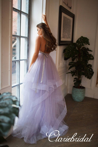 Spaghetti Long A-line Lilac Tulle Wedding Dresses, Backless Bridal Gown