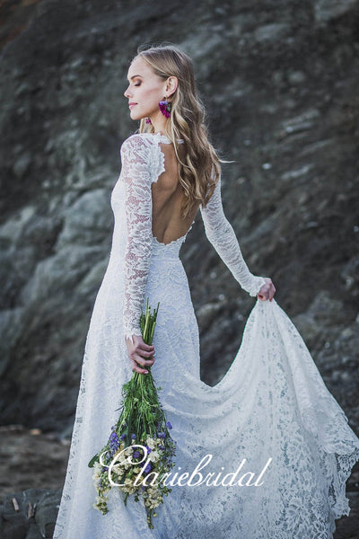 V-neck Long Sleeves Lace Wedding Dresses, Long Wedding Dresses, Beach Wedding Dresses