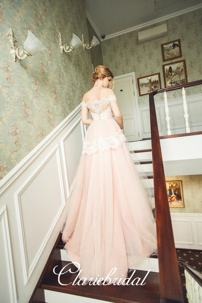 Off Shoulder Blush Tulle Lace Prom Dresses, A-line Wedding Dresses, Newest Wedding Dresses