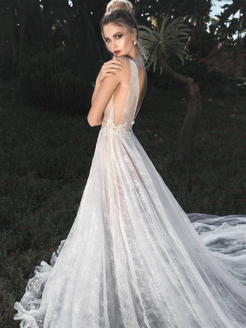 Lovely See Through Lace Wedding Dresses, Long Wedding Dresses, Romantic Wedding Dresses