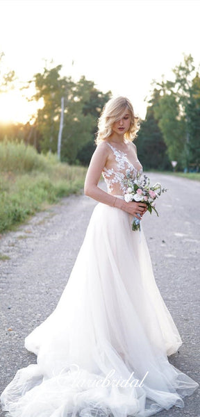 Lace Top Long A-line Wedding Dresses, Sleeveless Long Wedding Dresses, Country Wedding Dresses