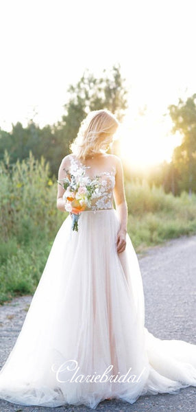 Lace Top Long A-line Wedding Dresses, Sleeveless Long Wedding Dresses, Country Wedding Dresses
