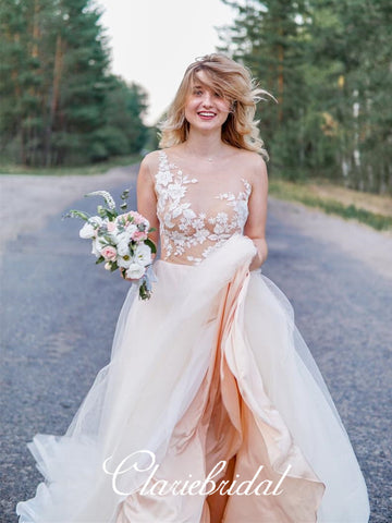 Lace Top Long A-line Wedding Dresses, Sleeveless Long Wedding Dresses, Country Wedding Dresses