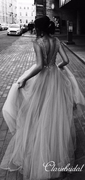 V-neck Lace Beaded Side Slit Long Homecoming Dresses, Prom Dresses