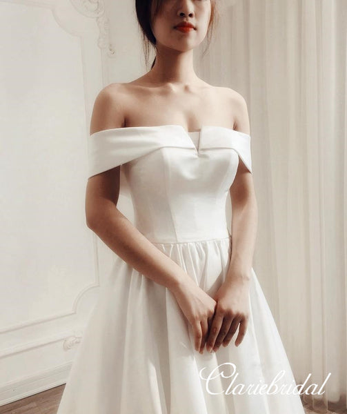 Off Shoulder A-line Ivory Satin Elegant Wedding Dresses