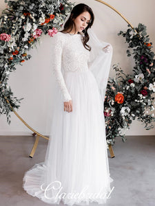 Long Sleeves Lace Top Tulle Wedding Dreses, Ivory Long Wedding Dresses, Bridal Gown