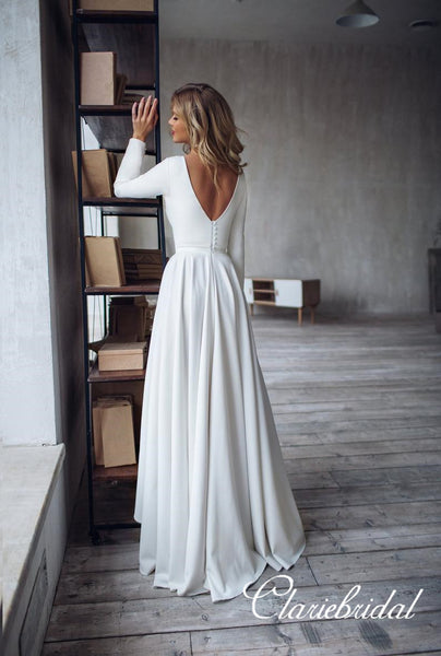 Long Sleeves Simple A-line Jersey Wedding Dresses, Bridal Gown