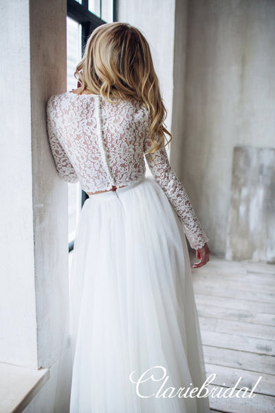 Long Sleeves Lace Top A-line Tulle Side Slit Wedding Dresses