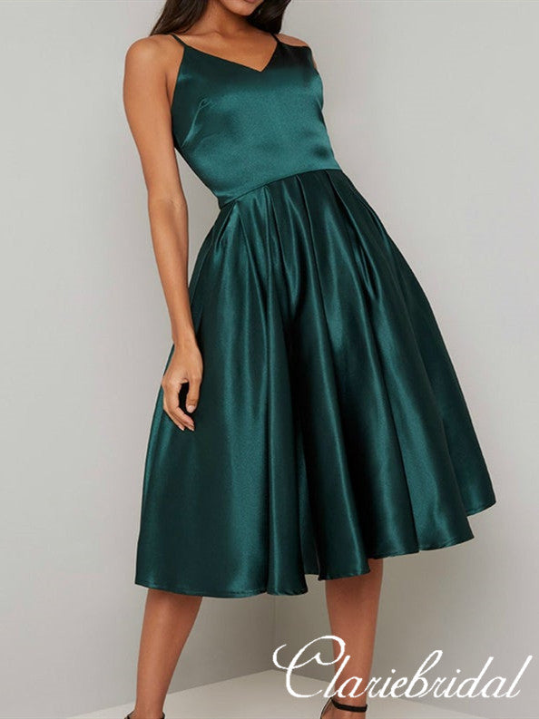 Simple Dark Green Satin Homecoming Dresses, Short Prom Dresses