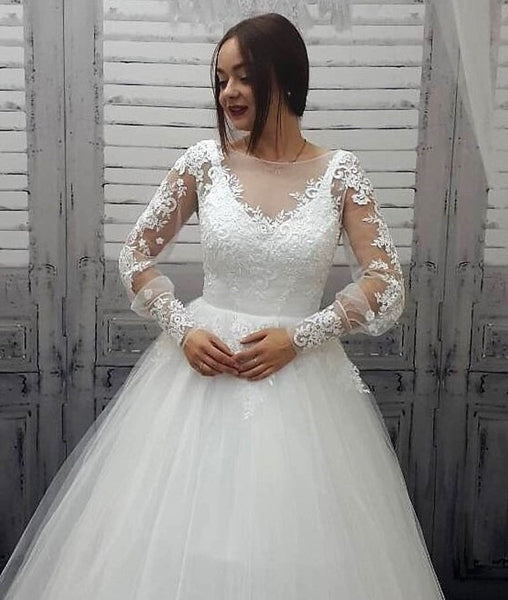 Long Sleeves Ivory Lace Tulle Wedding Dresses, Fluffy Wedding Dresses, Long Wedding Dresses