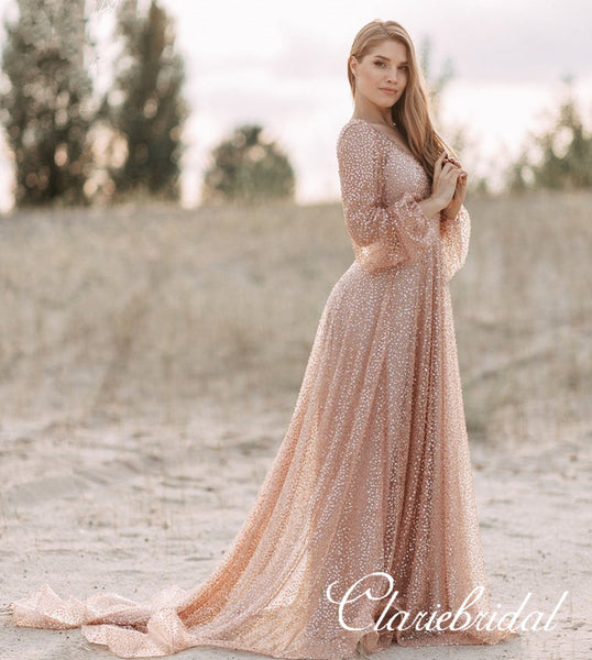 V-neck Long Sleeves Bling Sequin Tulle Prom Dresses, Long Prom Dresses