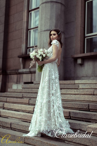 Cap Sleeves Lace Tulle Long Wedding Dresses, Lace Wedding Dresses