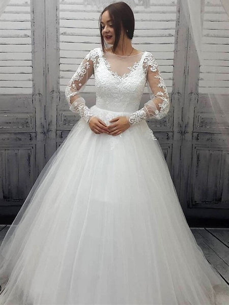 Long Sleeves Ivory Lace Tulle Wedding Dresses, Fluffy Wedding Dresses, Long Wedding Dresses