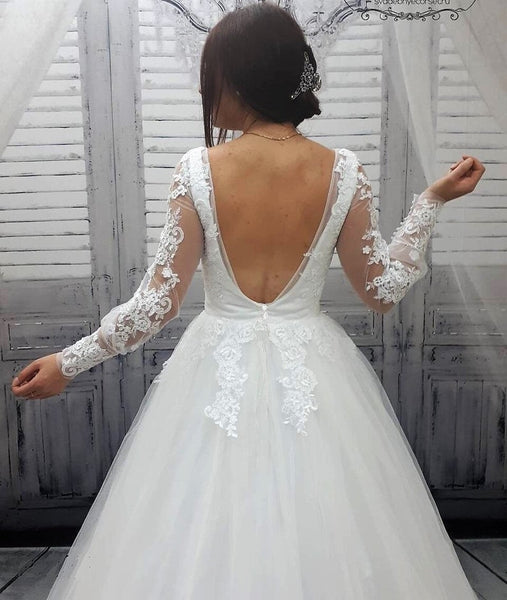 Long Sleeves Ivory Lace Tulle Wedding Dresses, Fluffy Wedding Dresses, Long Wedding Dresses