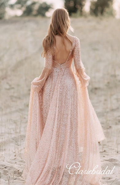 V-neck Long Sleeves Bling Sequin Tulle Prom Dresses, Long Prom Dresses