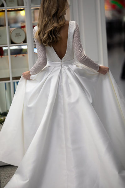 V-neck Long Sleeves Sparkle Satin Wedding Dresses, Elegant Wedding Dresses, Bridal Gown