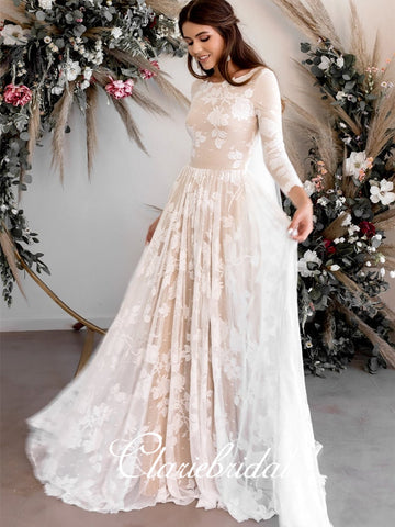 Long Sleeves Lace Tulle Wedding Dresses, A-line Long Wedding Dresses, Bridal Gown