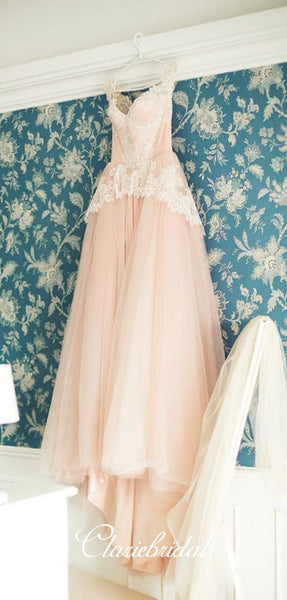 Off Shoulder Blush Tulle Lace Prom Dresses, A-line Wedding Dresses, Newest Wedding Dresses