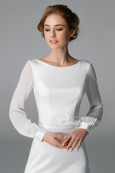 Long Sleeves Ivory Chiffon Satin Wedding Dresses, Country Wedding Dresses, Long Wedding Dresses