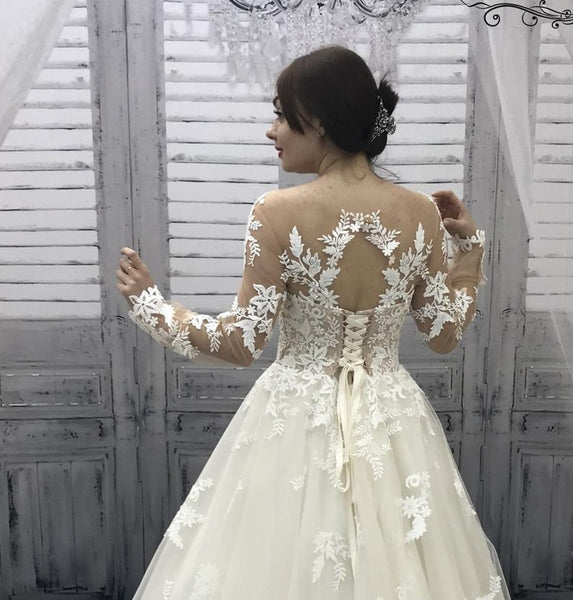 Long Sleeves A-line Lace Tulle Wedding Dresses, Illusion Wedding Dresses, Ivory Wedding Dresses