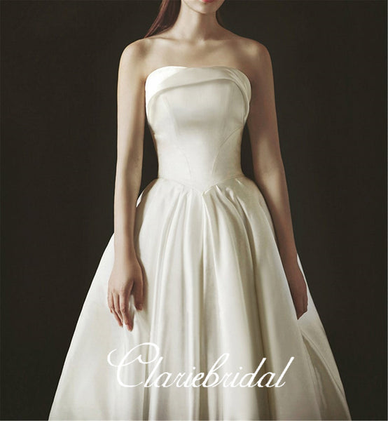 Strapless Ivory Satin Wedding Dresses, Long Wedding Dresses, Bridal Gown, Elegant Wedding Dresses