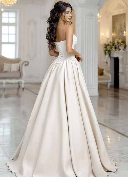 Sweetheart Long A-line Lace Satin Wedding Dresses, Elegant Wedding Dresses, Long Wedding Dresses