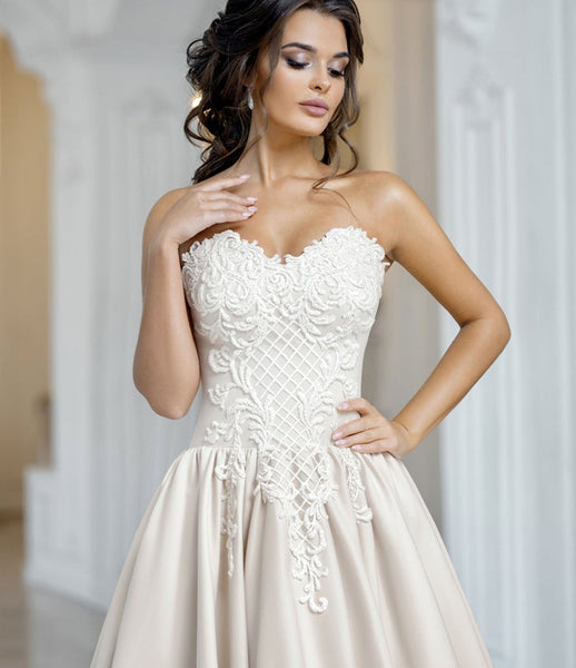 Sweetheart Long A-line Lace Satin Wedding Dresses, Elegant Wedding Dresses, Long Wedding Dresses