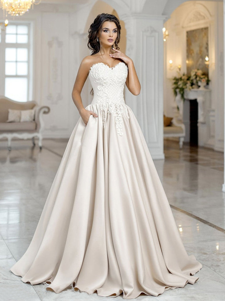 Sweetheart Long A-line Lace Satin Wedding Dresses, Elegant Wedding Dresses, Long Wedding Dresses