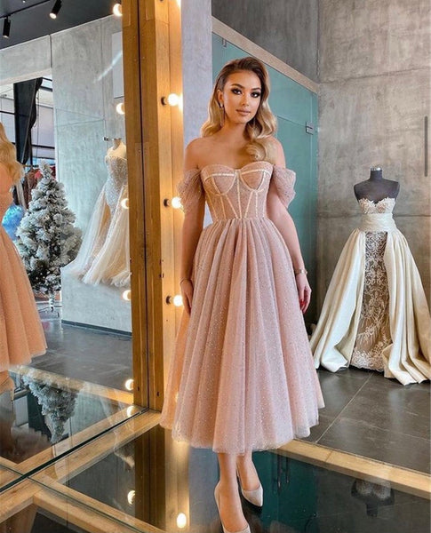 Off Shoulder Nude Pink Sequin Tulle Prom Dresses, Classic Corset Prom Dresses, 2021 Prom Dresses