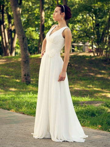 V-neck Long A-line Chiffon Wedding Dresses, Simple Long Wedding Dresses, Country Wedding Dresses