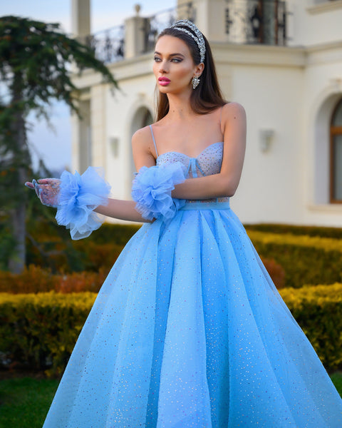Blue Shiny Tulle Long Prom Dresses, Princess Prom Dresses, Long Formal Dresses, 2022 Newest Prom Dresses