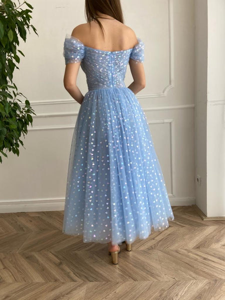 Off Shoulder Tea Length A-line Prom Dresses, Blue Tiny Heart Long Princess Dresses, 2022 Prom Dresses, Newest Affordable Prom Dresses