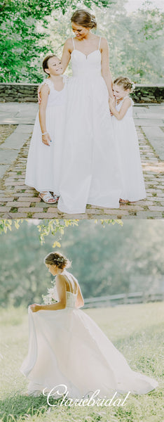 Spaghetti Long A-line Lace Satin Country Wedding Dresses