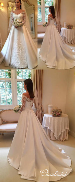 Off Shoulder Long A-line Lace Stain Elegant Wedding Dresses