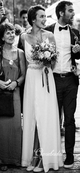 Spaghetti Long A-line Chiffon Satin Wedding Dresses, Country Wedding Dresses With Beaded Belt