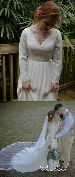 V-neck Long Sleeves Lace Chiffon Wedding Dresses(with veil)