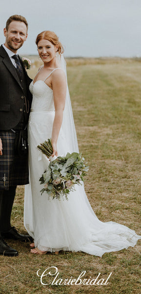Straps Beaded Long A-line Tulle Ivory Country Wedding Dresses