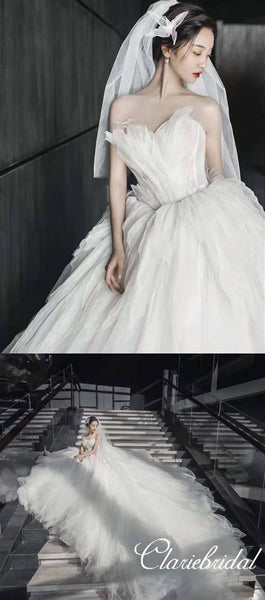 Strapless Ivory Long Fluffy Wedding Dresses, Bridal Gown