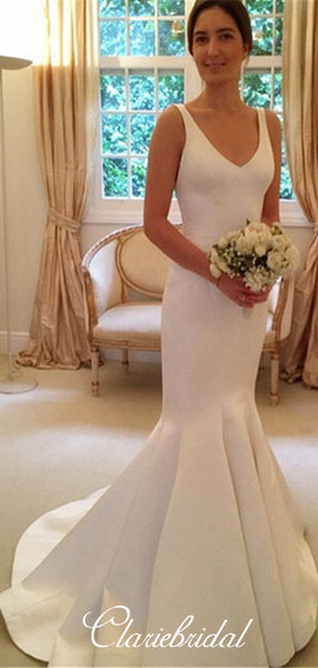 V-neck Straps Long Mermaid Ivory Satin Wedding Dresses, Bridal Gown